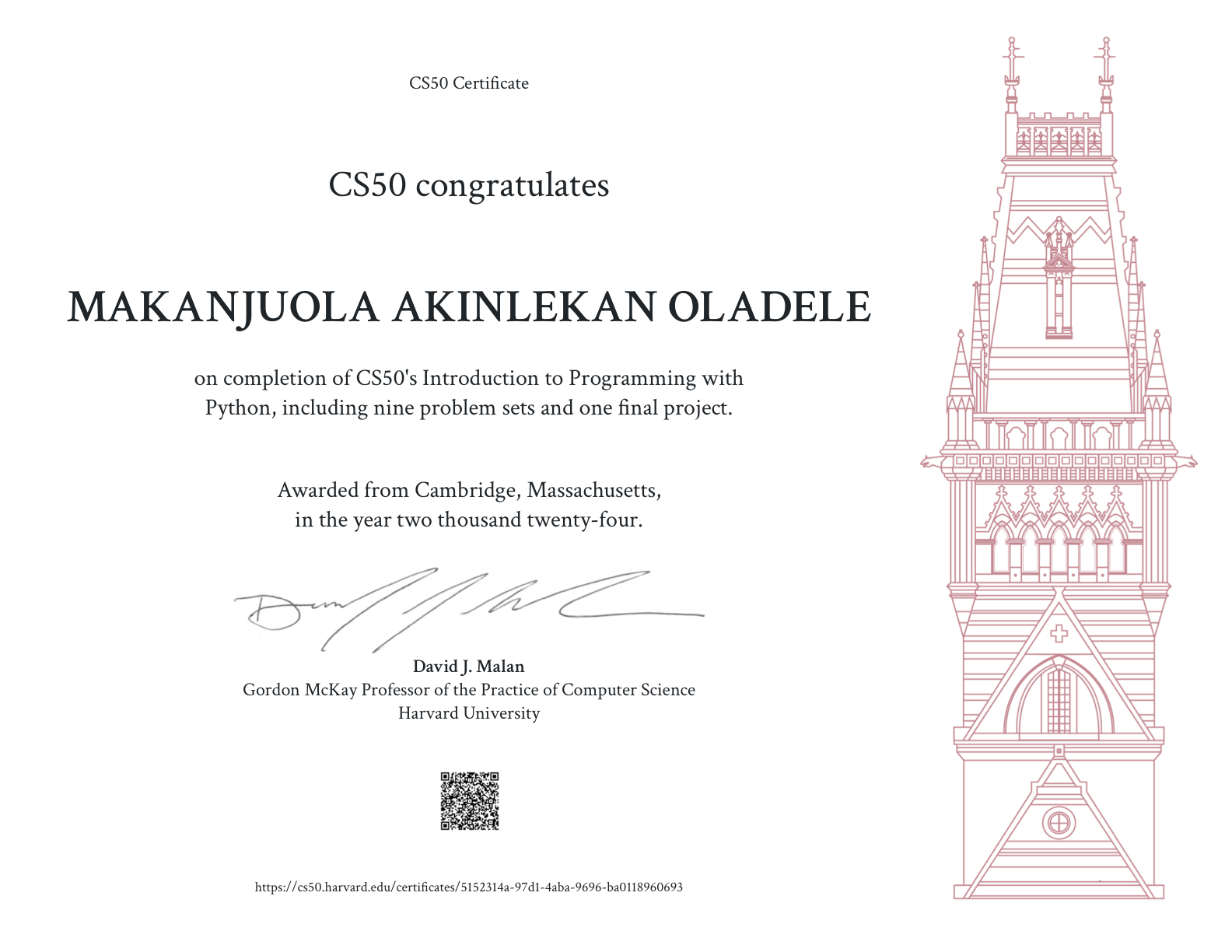 CS50's Introduction to Programming with Python (CS50P) certificate from Harvard University