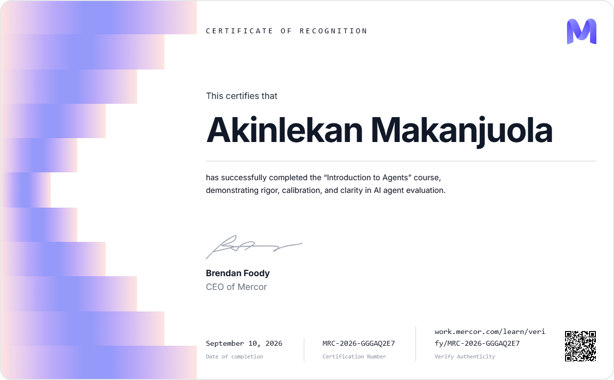 Introduction to Agents certificate from Mercor
